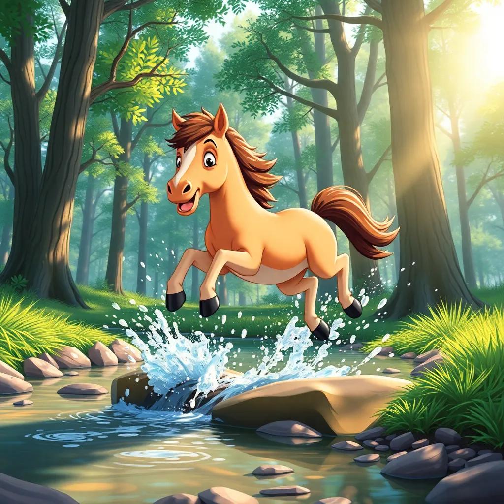 Nino, the young horse, bravely jumping over a brook, with sparkling water splashing around him, surrounded by tall trees and sunlight filtering through leaves, illustration, colorful, energetic scene, child-friendly