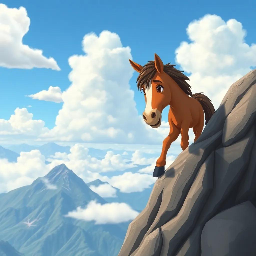 Nino, the young horse, climbing a steep mountain, looking determined with a blue sky and fluffy clouds in the background, facing a breathtaking view, hand-drawn style, dynamic, inspiring