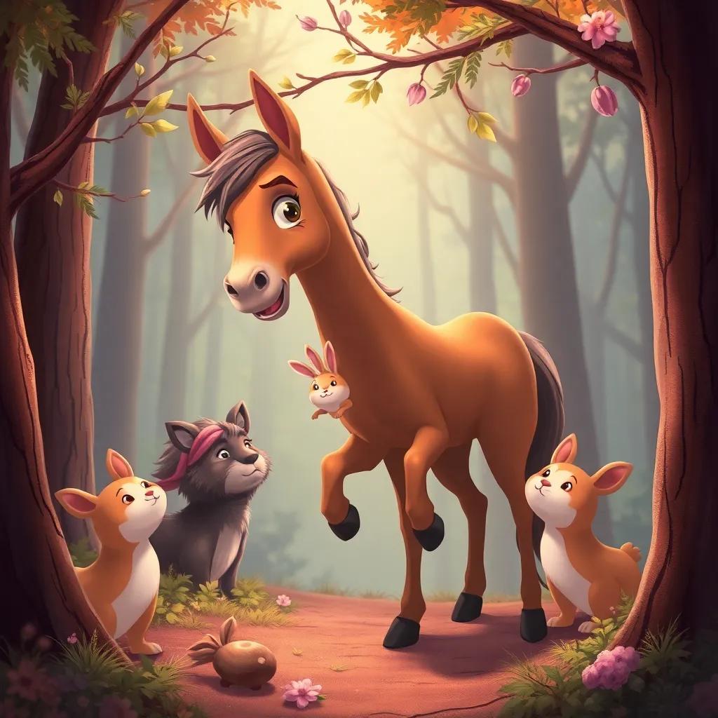 Nino, the young horse, rescuing a small rabbit from branches in a forest, other animals watching with hopeful eyes, warm colors, heartwarming scene, storybook illustration