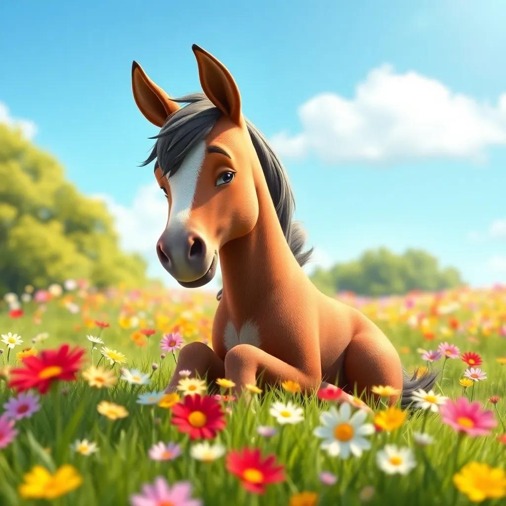 Nino, the young horse, sitting in a beautiful meadow filled with colorful flowers, enjoying the beauty of nature under a clear blue sky, peaceful expression, artistic render, vibrant and serene
