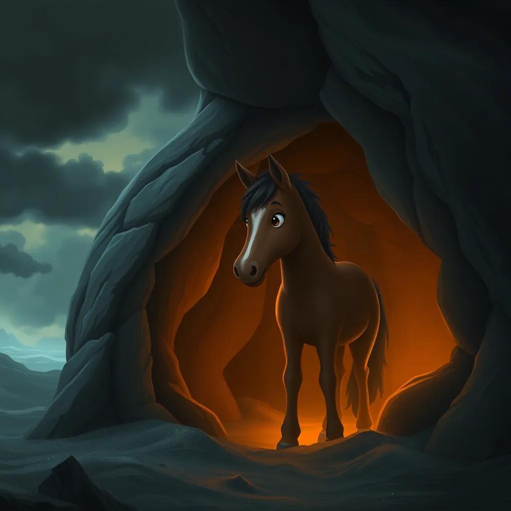 Nino, the young horse, seeking shelter in a cave from a strong wind, with dark clouds outside and a warm glow inside, symbolizing safety and wisdom, detailed digital art, cozy mood, high quality