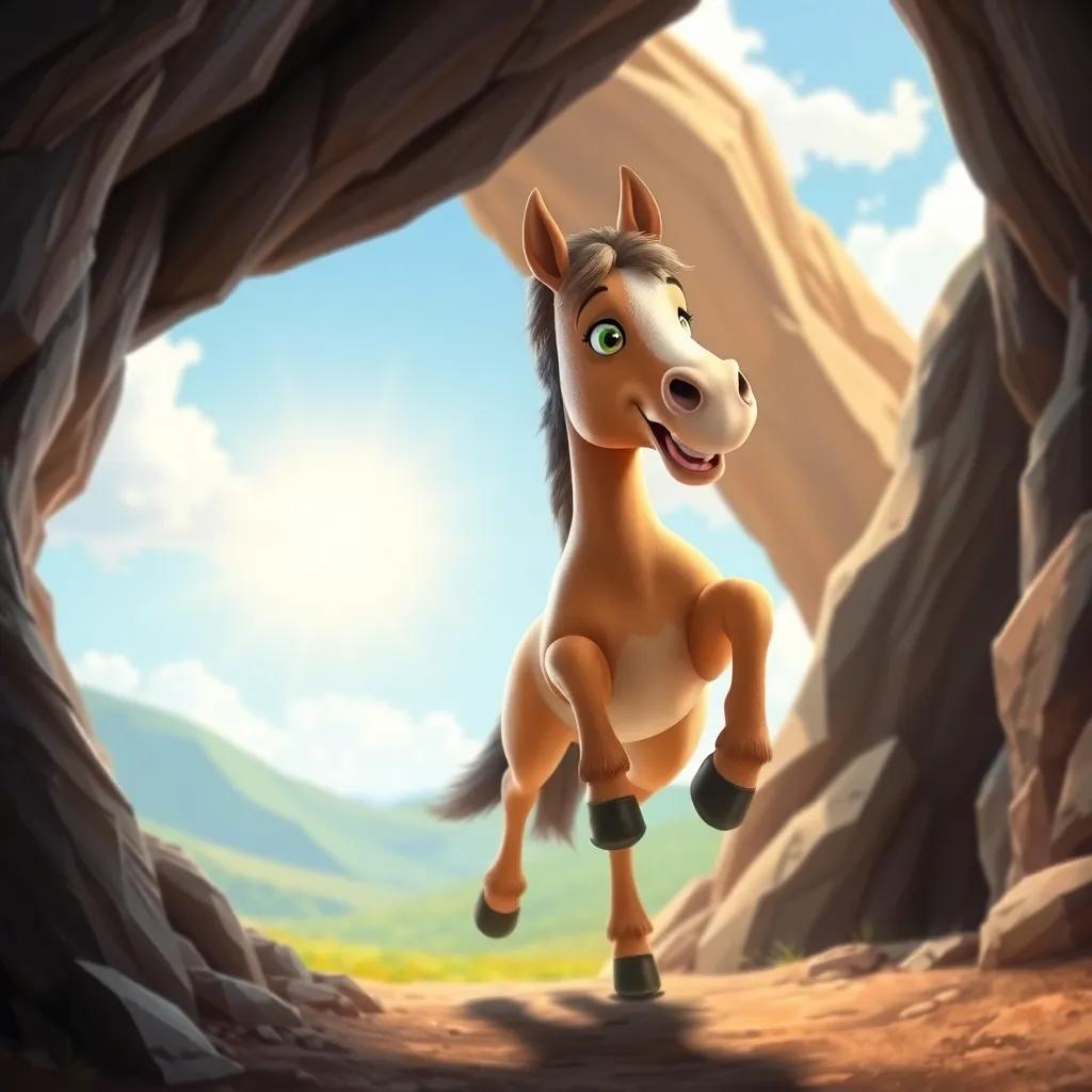 Nino, the young horse, jumping out of the cave to see a bright sunny day with a smile on his face, feeling proud of his adventure, sunny landscape, uplifting imagery, child-friendly