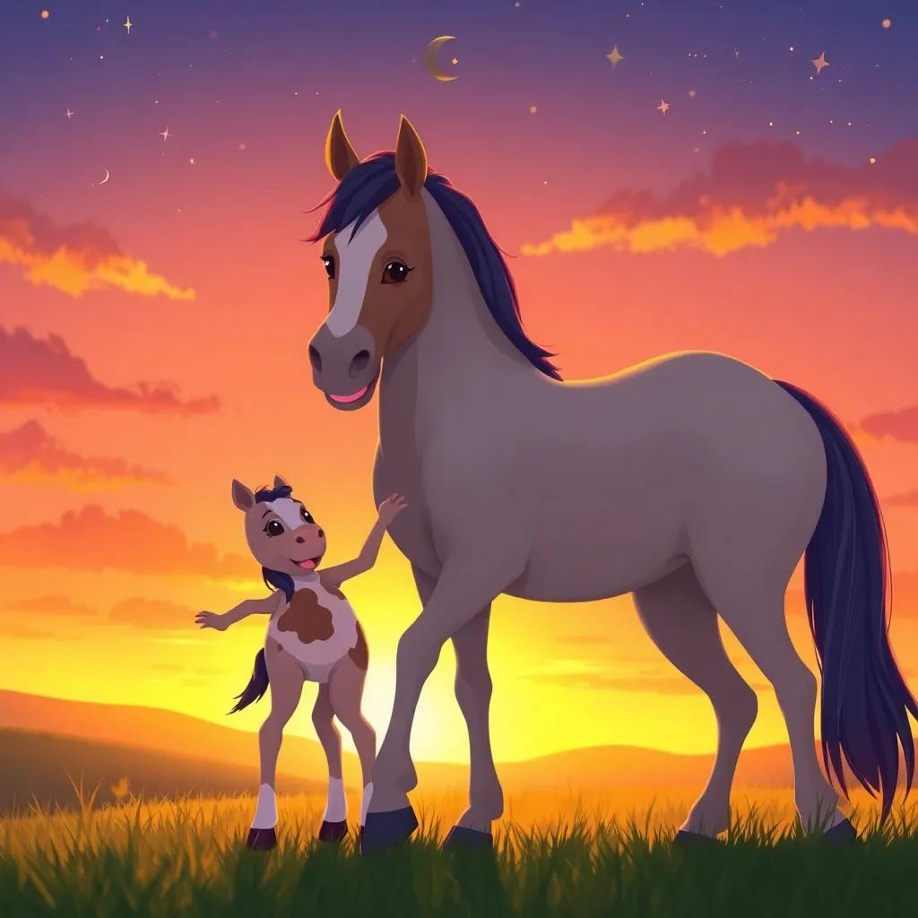 Nino, the young horse, happily returning home to his mother, with a backdrop of a warm sunset and stars starting to twinkle in the sky, joyful reunion, dreamy atmosphere, heartwarming illustration