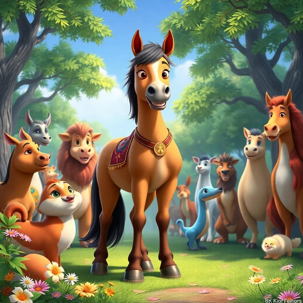 Nino, the young horse, standing proudly with other animals gathered around him, celebrating his bravery, surrounded by trees and flowers, colorful and vibrant scene, festive mood