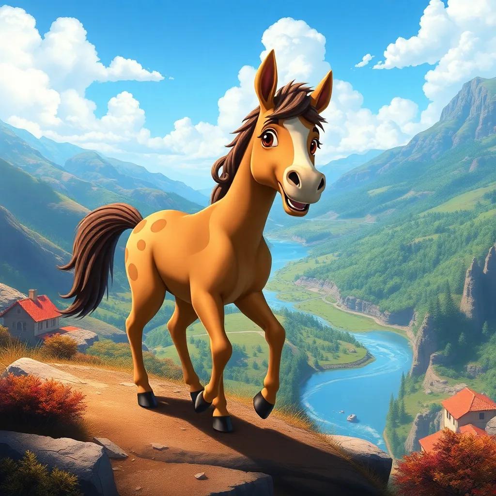Nino, the young horse, joyfully exploring new places with a backdrop of various landscapes, such as hills, rivers, and forests, symbolizing endless adventure, detailed digital painting, adventurous spirit, bright colors