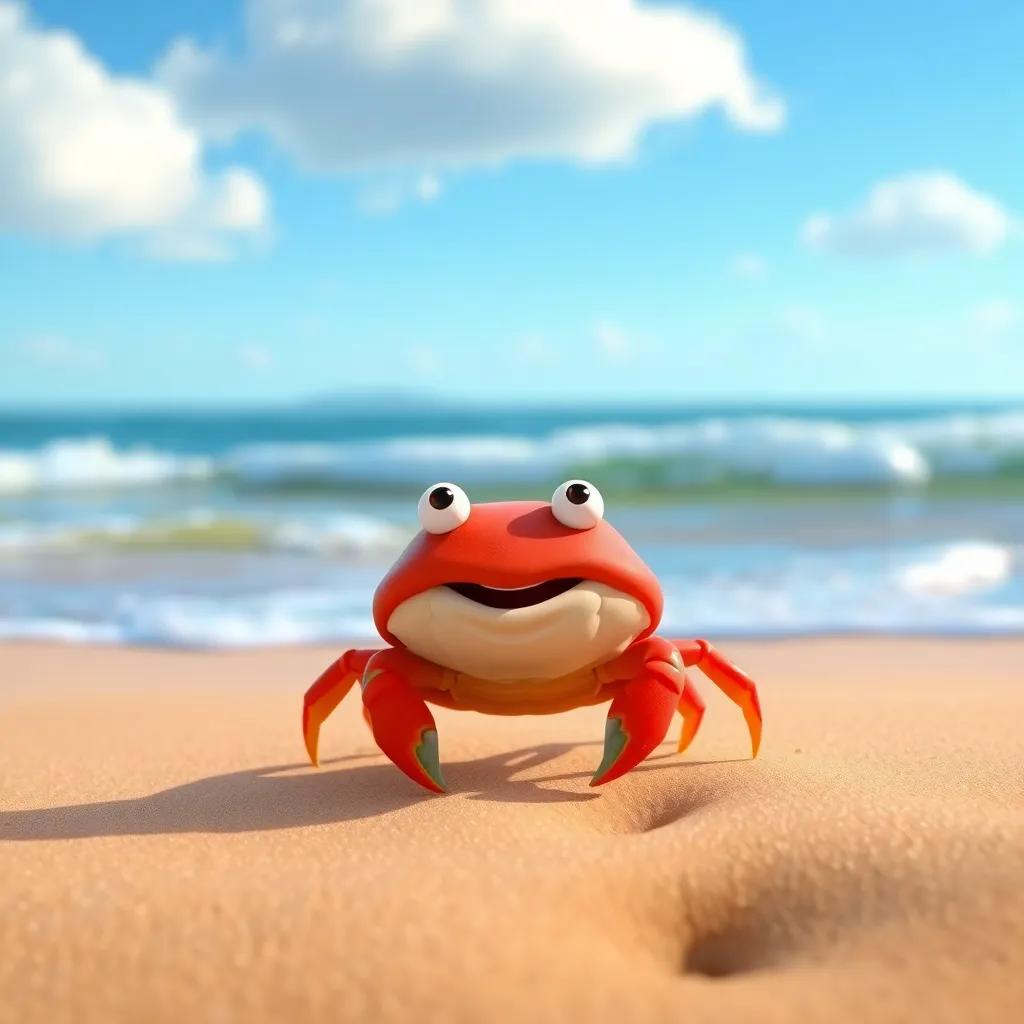 A small crab named Cruz, exploring the sandy beach, looking curious and adventurous, with bright blue sky and gentle waves, digital art, colorful, cheerful atmosphere