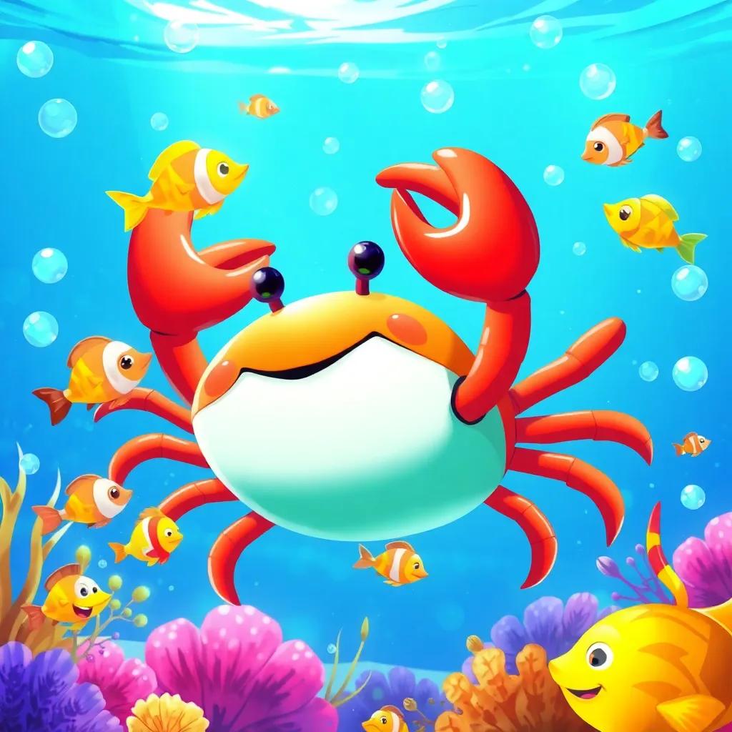Cruz the crab playing with colorful fish in crystal clear water, surrounded by sparkling bubbles and joyful fish, illustration, vibrant colors, fun and friendly