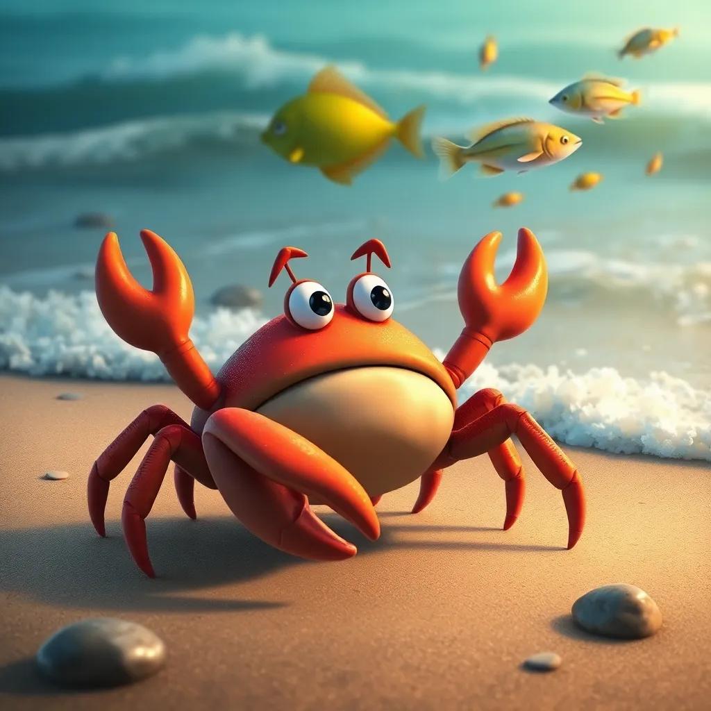 Cruz the crab looking sad on the beach, watching fish swimming away, with a pensive expression and waving waves in the background, art style, soft lighting, emotional