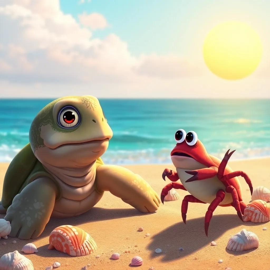 An old turtle speaking to Cruz the crab on the beach, with wisdom in her eyes, surrounded by beautiful seashells and a bright sun, digital painting, warm and inviting, serene atmosphere