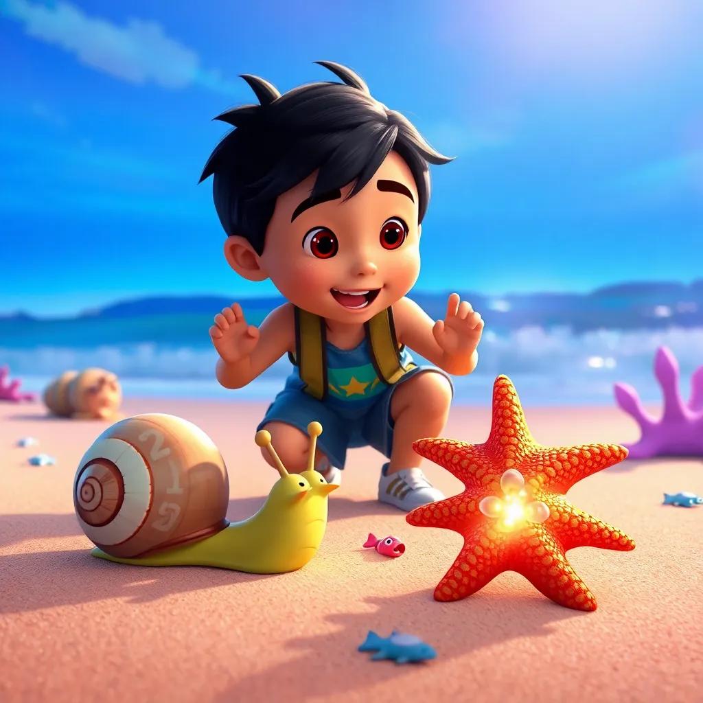 Cruz discovering different sea creatures like a snail building a shell and a starfish shining in the sun, colorful beach scene, lively, exploratory mood