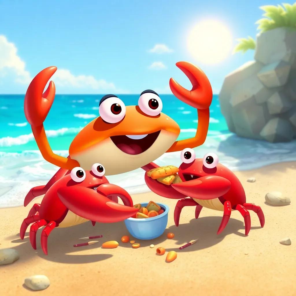 Cruz the crab helping other crabs to share food on the shore, with excited expressions and a sunny day, heartwarming illustration, bright and vibrant