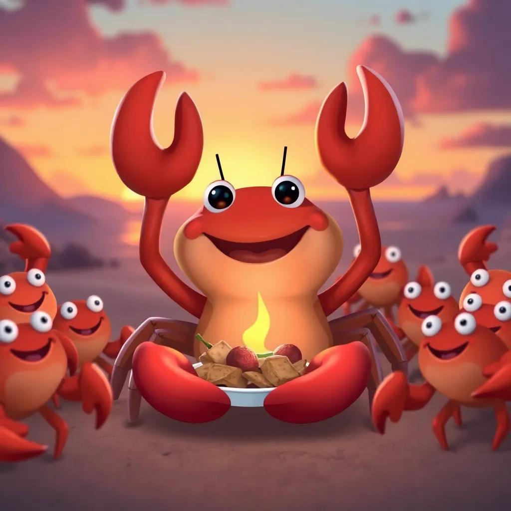 Cruz the crab feeling proud and happy as he is sharing food with others, surrounded by smiling crabs, with a beautiful sunset in the background, cheerful digital art, uplifting