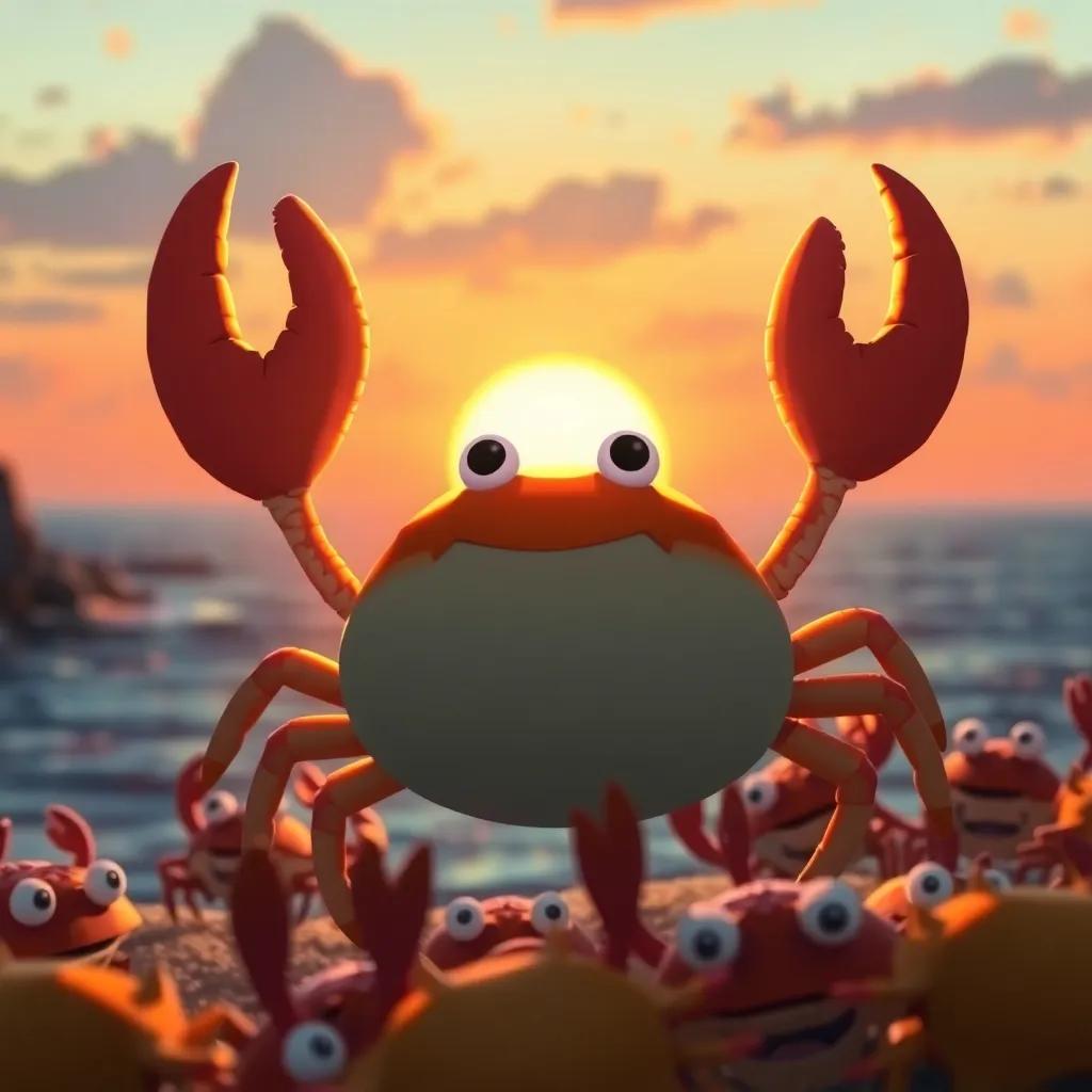 Cruz the crab returning home at sunset, with a golden glow and happy memories, surrounded by crabs celebrating together, warm colors, joyful scene