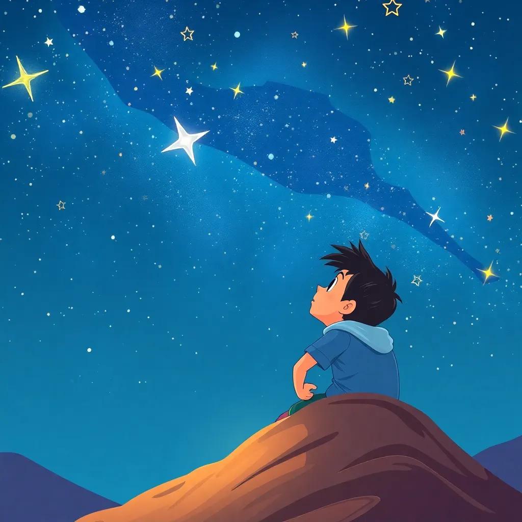 Cruz dreaming of adventures under the starry sky, with a sense of wonder and excitement, whimsical illustration, bright and imaginative