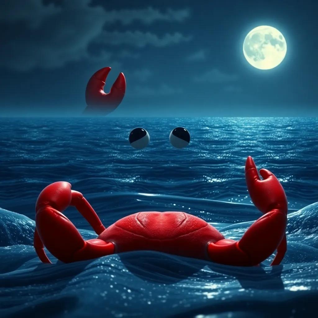 Cruz the crab looking out at the vast ocean, feeling ready for new adventures, with waves glistening under the moonlight, inspiring and hopeful, beautiful night scene