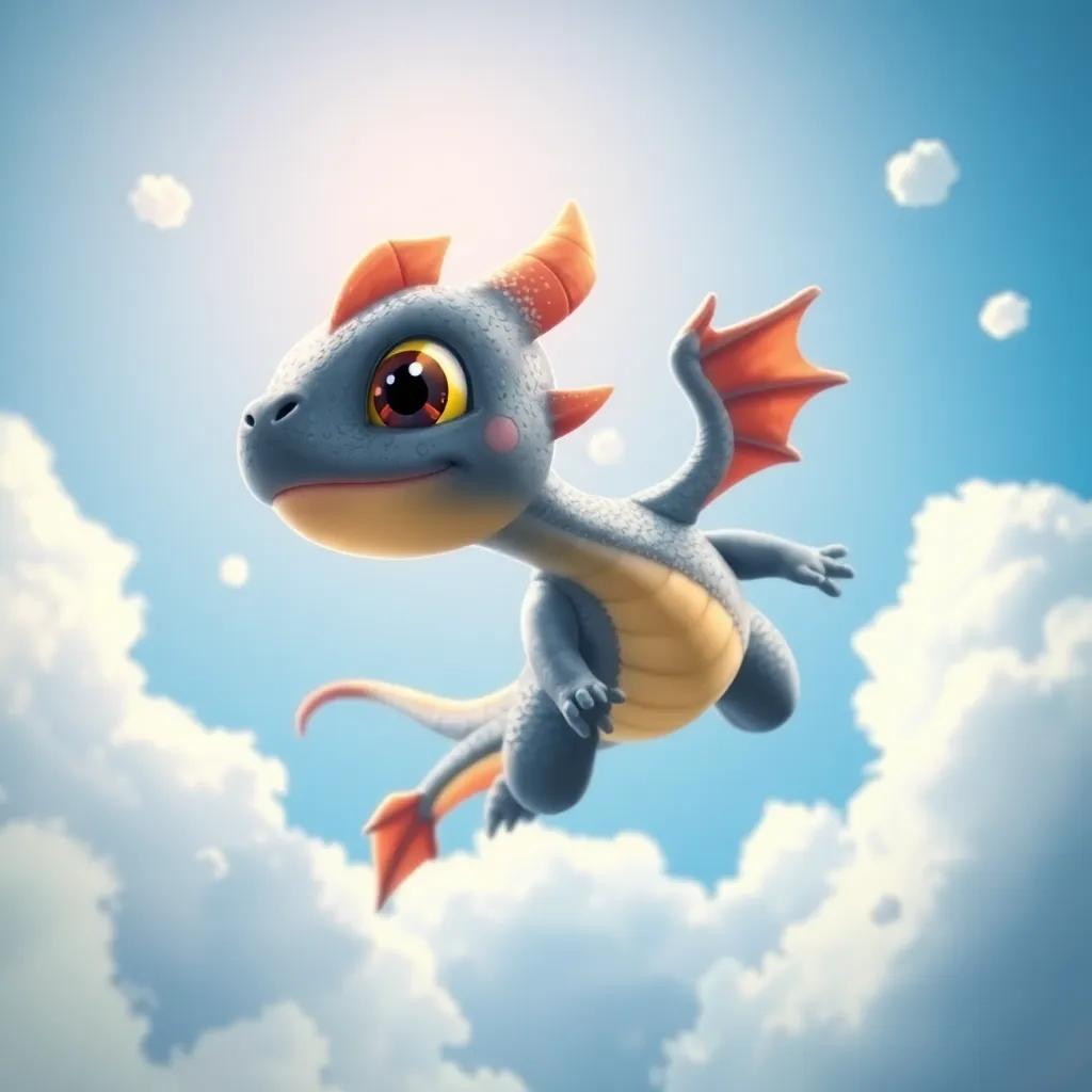 Dimi, el pequeño dragón, volando alto en el cielo con su gran sonrisa, buscando a sus amigos, rodeado de nubes esponjosas y un cielo azul, ilustración, alegre, con un toque mágico