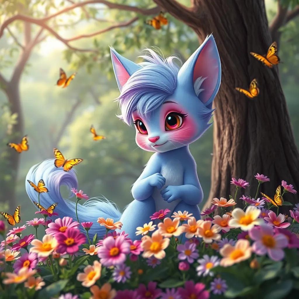 Una hada llamada Lila, con cabello dorado y alas resplandecientes, recogiendo flores multicolores en el bosque, rodeada de árboles y mariposas, arte digital, nostálgico, vibrante