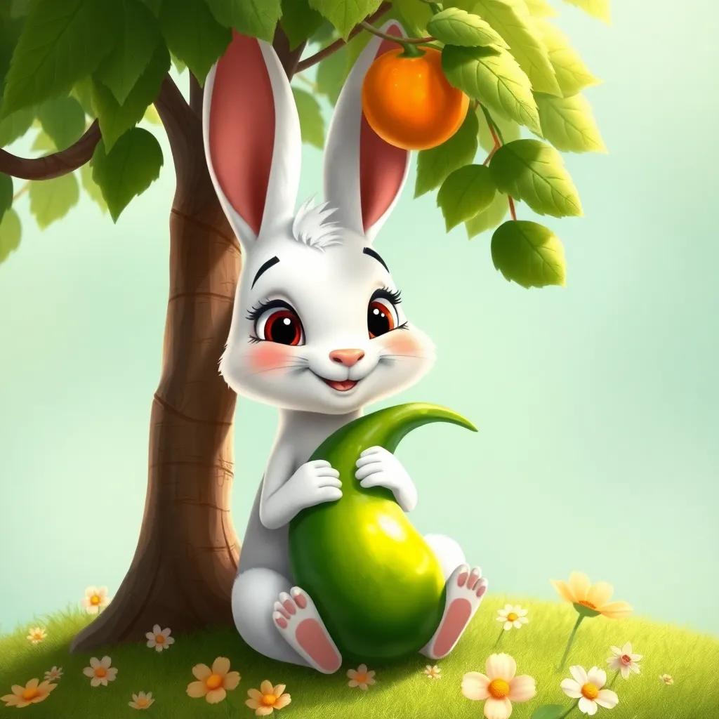 Roni, un conejo blanco con orejas largas, sentado felizmente bajo un árbol, sosteniendo una zanahoria, con un fondo de césped verde y flores, ilustración, alegre, amigable