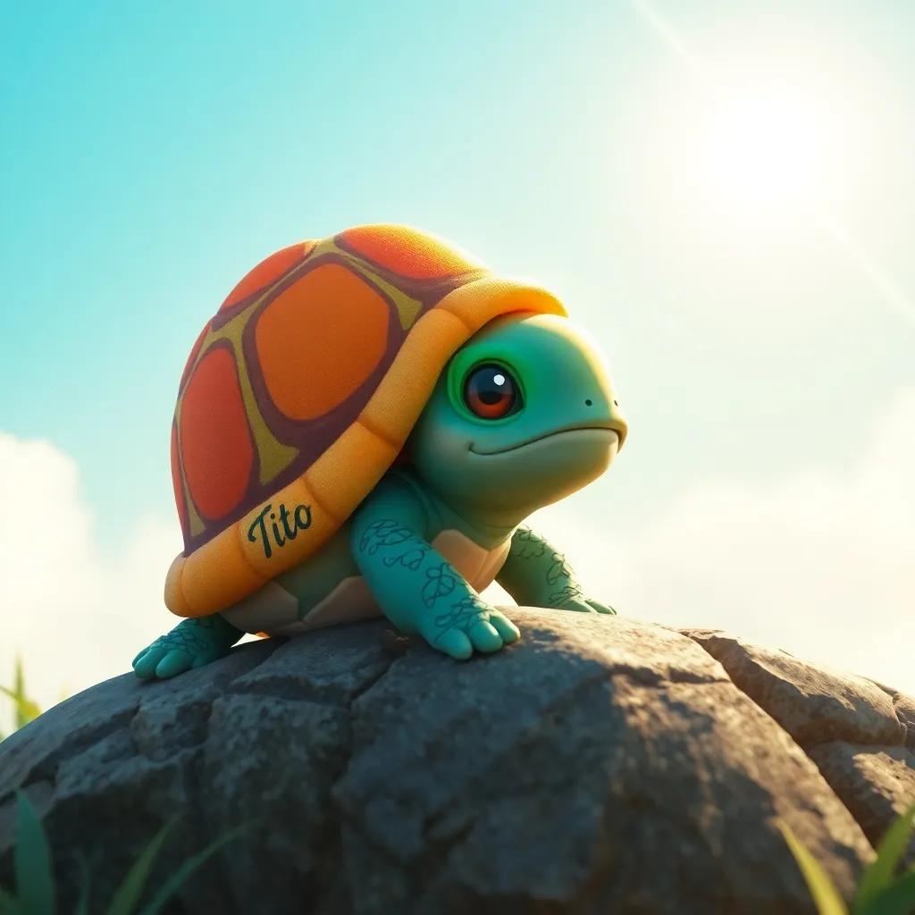 Una tortuga llamada Tito, con un caparazón colorido, despertándose al sol, en una roca con un fondo de naturaleza soleada, arte digital, brillante y cálido, hermoso