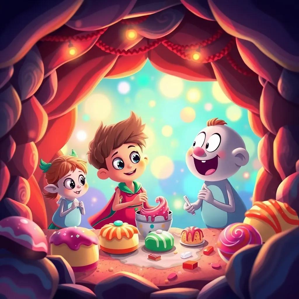 Dimi, con sus amigos en la cueva decorada, creando dulces mágicos con un fondo de colores brillantes, dulces colgando y diversión, ilustración, animada y colorida