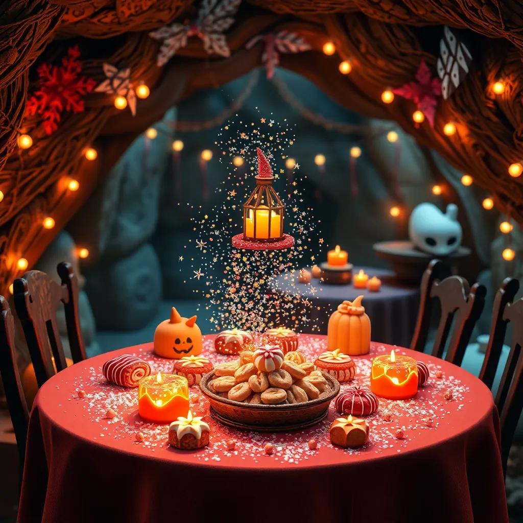 Una mesa llena de dulces mágicos, con polvo de estrellas y caramelos de zanahoria, ambientada en una cueva festiva iluminada por luces, arte digital, festivo y encantador