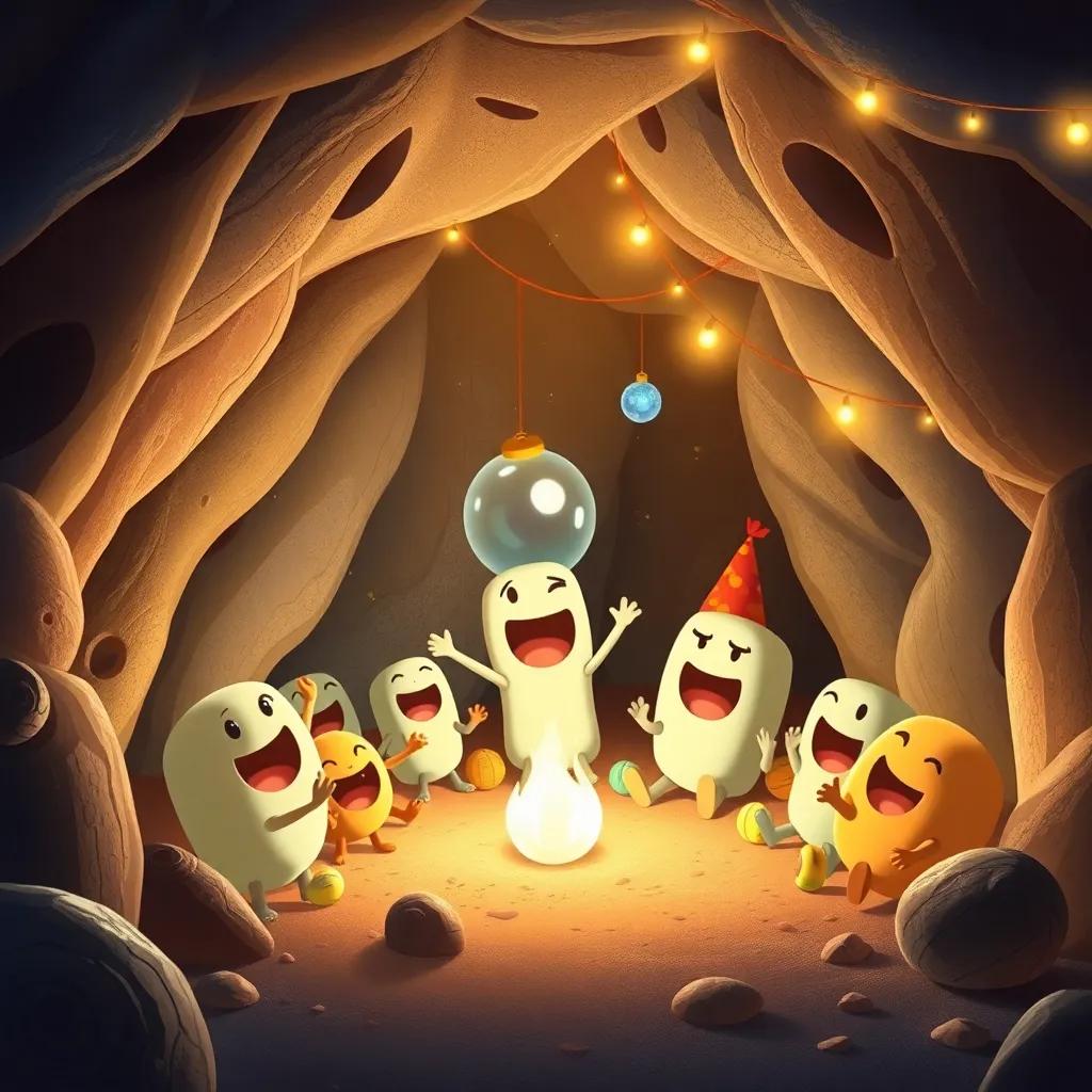 La cueva de Dimi llena de amigos felices, riendo y jugando, con una decoración de globos y luces brillantes, ilustración, alegre, llena de energía