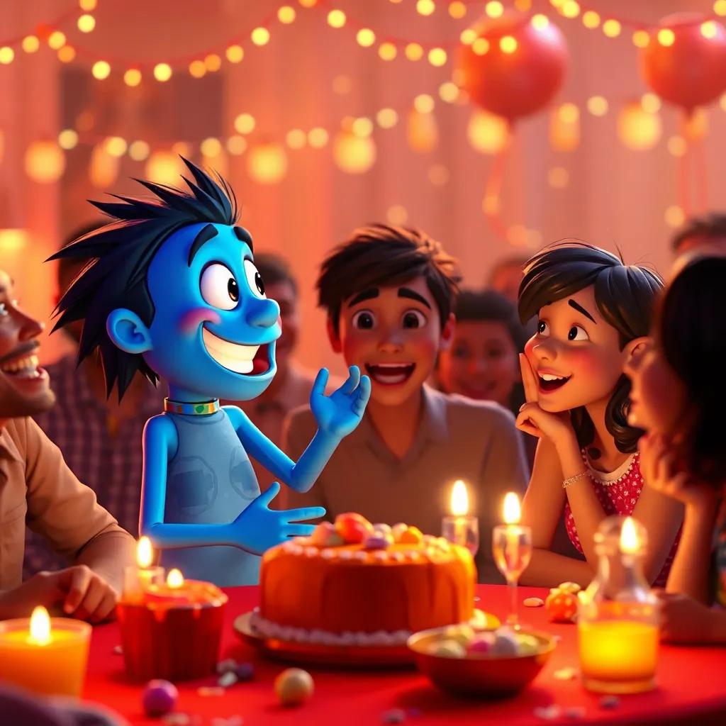 Dimi agradeciendo a sus amigos al final de la fiesta, todos sonriendo, en un ambiente cálido de camaradería y dulces, arte digital, acogedor y feliz