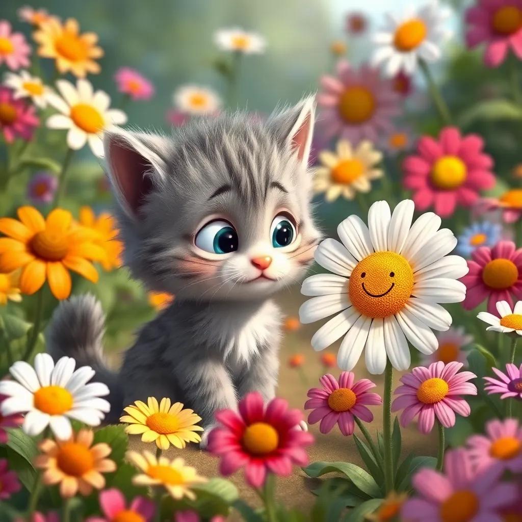 Max, a small curious cat with fluffy grey fur, interacting with a talking daisy that has a smiley face, surrounded by colorful flowers speaking to him in a magical garden, digital art, vibrant colors, child-friendly, charming