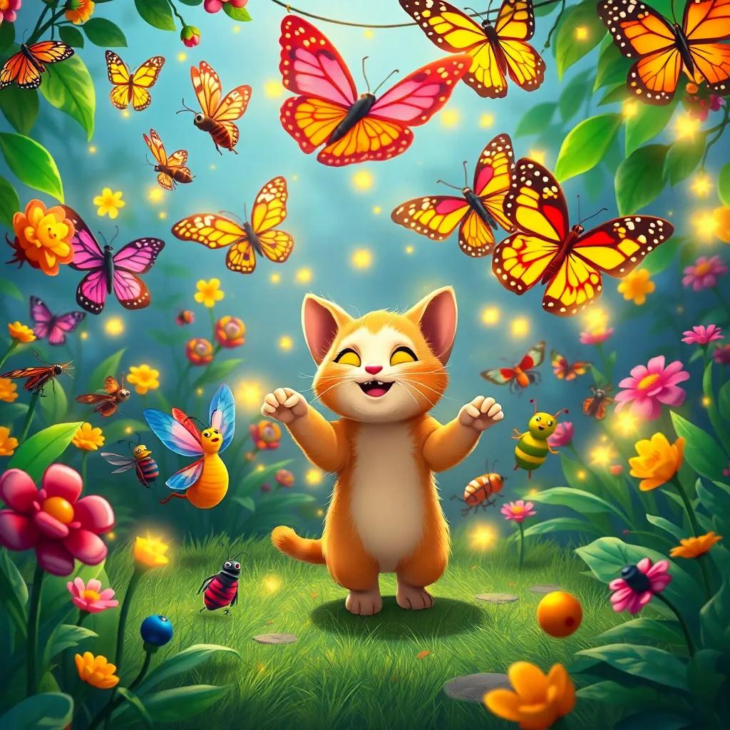 A lively garden scene with various dancing insects including butterflies doing pirouettes and fireflies lighting up, full of colors and energy, Max, a small curious cat in the center joining the dance, joyful atmosphere, detailed illustration, bright and lively