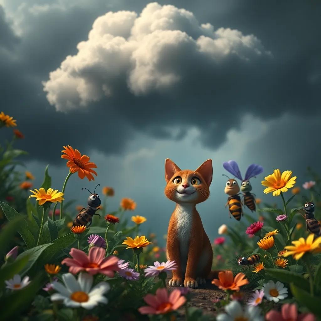 A dark cloudy scene in the magical garden, flowers looking sad, Max, a small curious cat, leading his insect friends, smiling and organizing a plan to defeat the cloud, dramatic lighting, colorful flowers, artistic perspective, high-quality