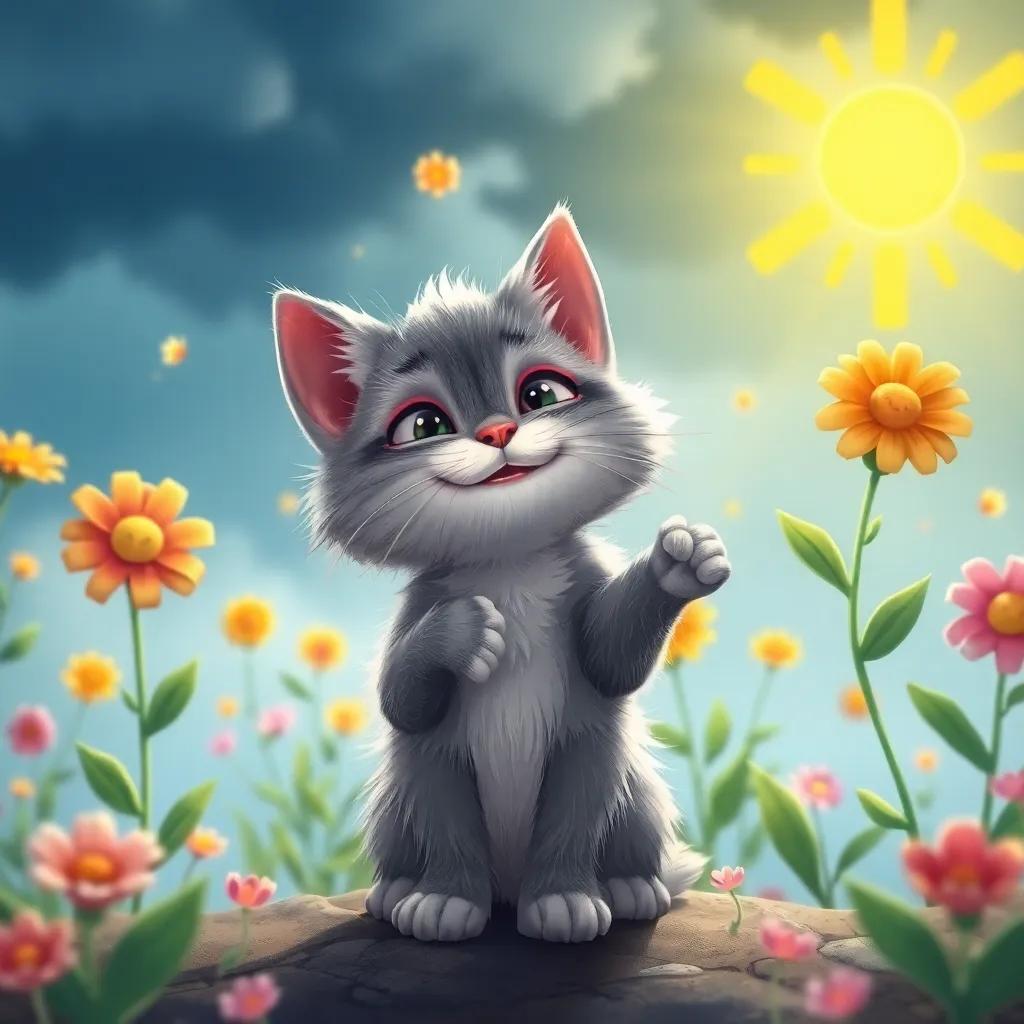 Max, a small curious cat with fluffy grey fur, happily celebrating with talking flowers dancing and grateful, sunshine breaking through after the storm, joyful atmosphere, vibrant colors, heartwarming scene, detailed illustration