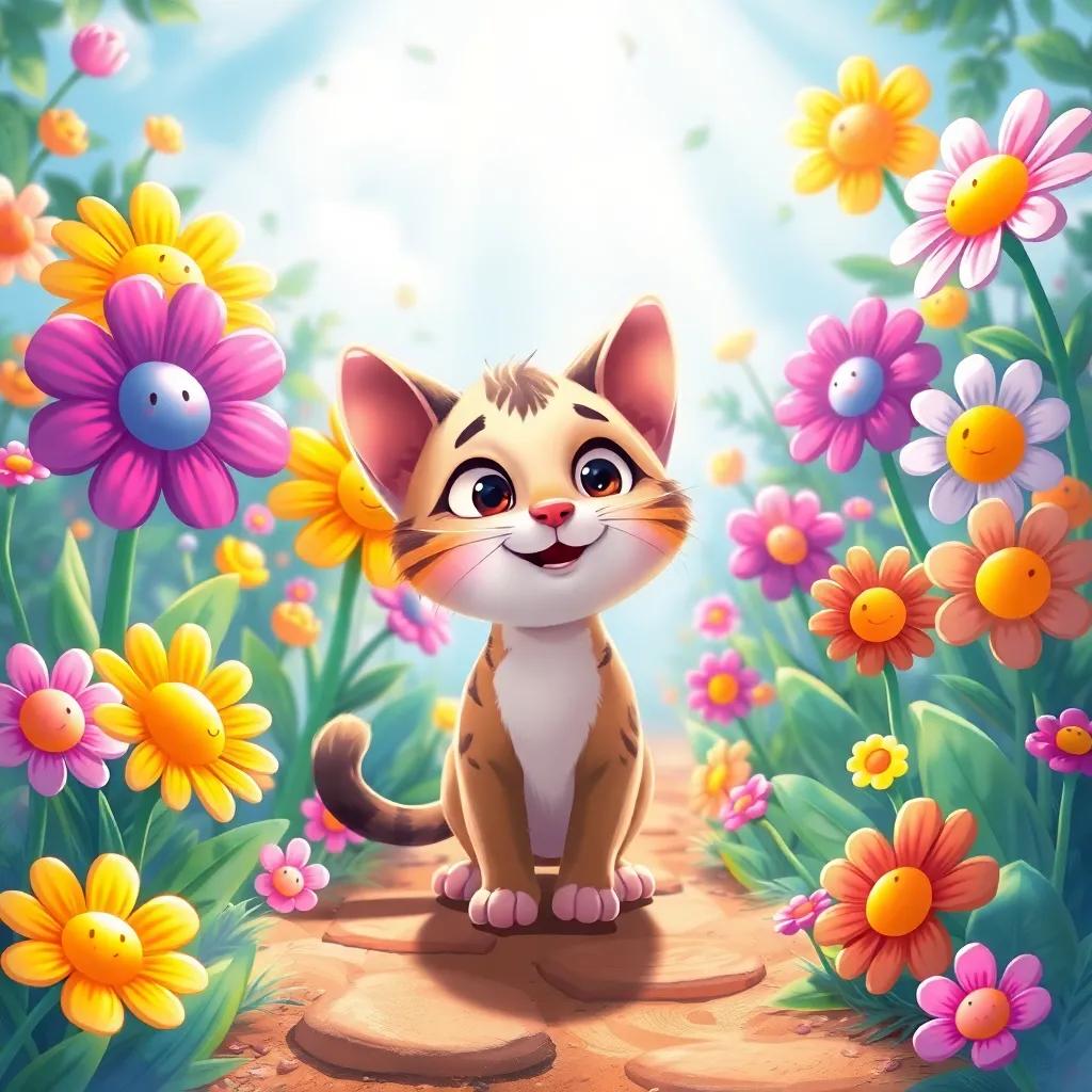 Tico, the small curious cat, entering a magical garden filled with colorful flowers with happy faces, bright sunlight shining down, whimsical scenery, illustration, cheerful, high quality