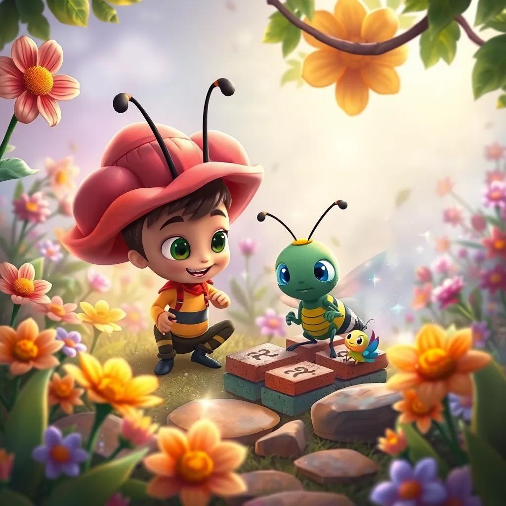 Tico and his insect friends solving riddles in the magical garden, surrounded by colorful flowers and sparkles, adventurous atmosphere, illustration, heartwarming, high quality