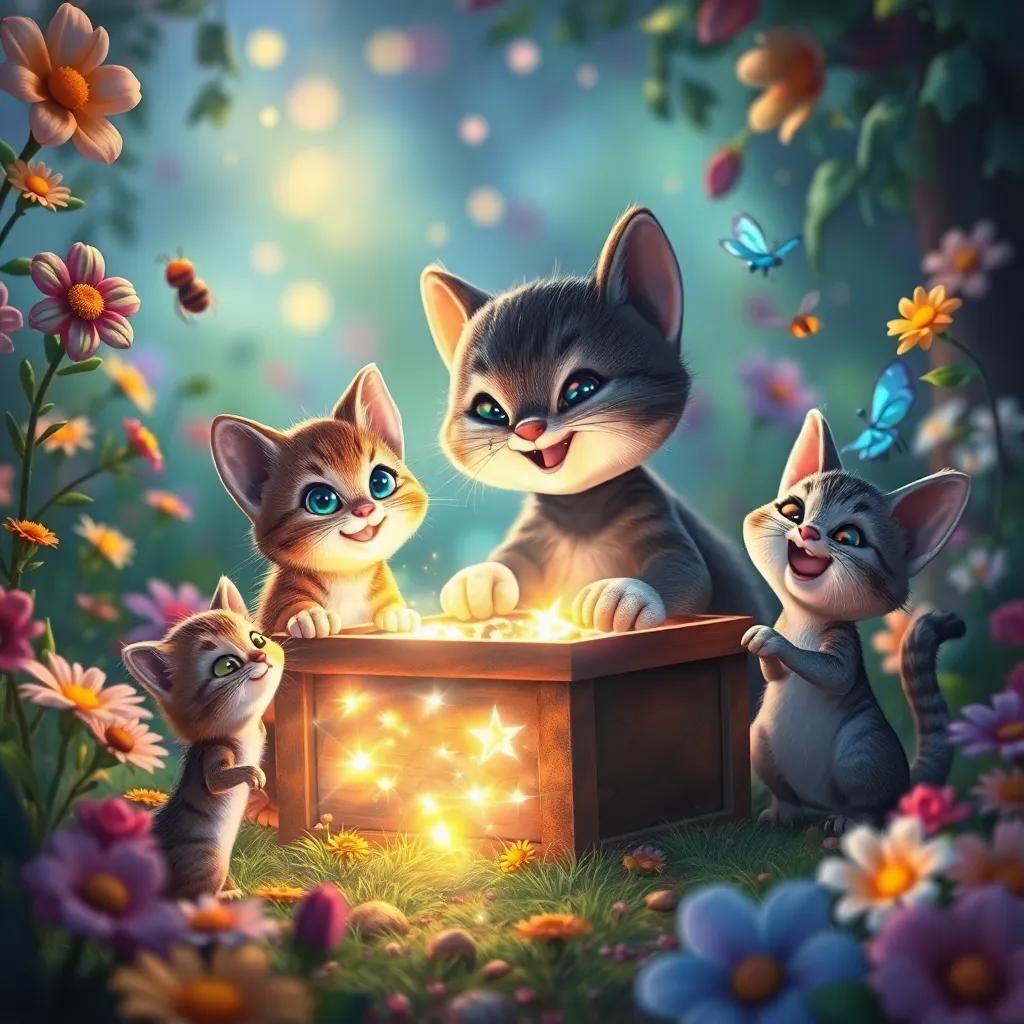 Tico the small cat and his friends discovering a treasure box filled with shimmering lights in the garden, happy celebration with flowers and insects, joyful scene, colorful, magical light, vibrant composition