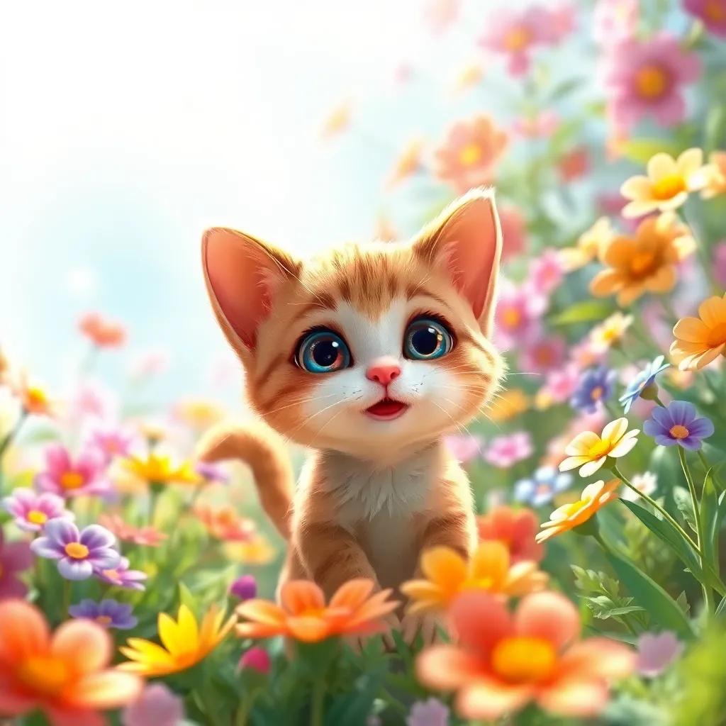 A small curious cat named Miau, exploring a magical garden filled with colorful flowers, bright sunlight, vibrant colors, whimsical atmosphere, charming scenery