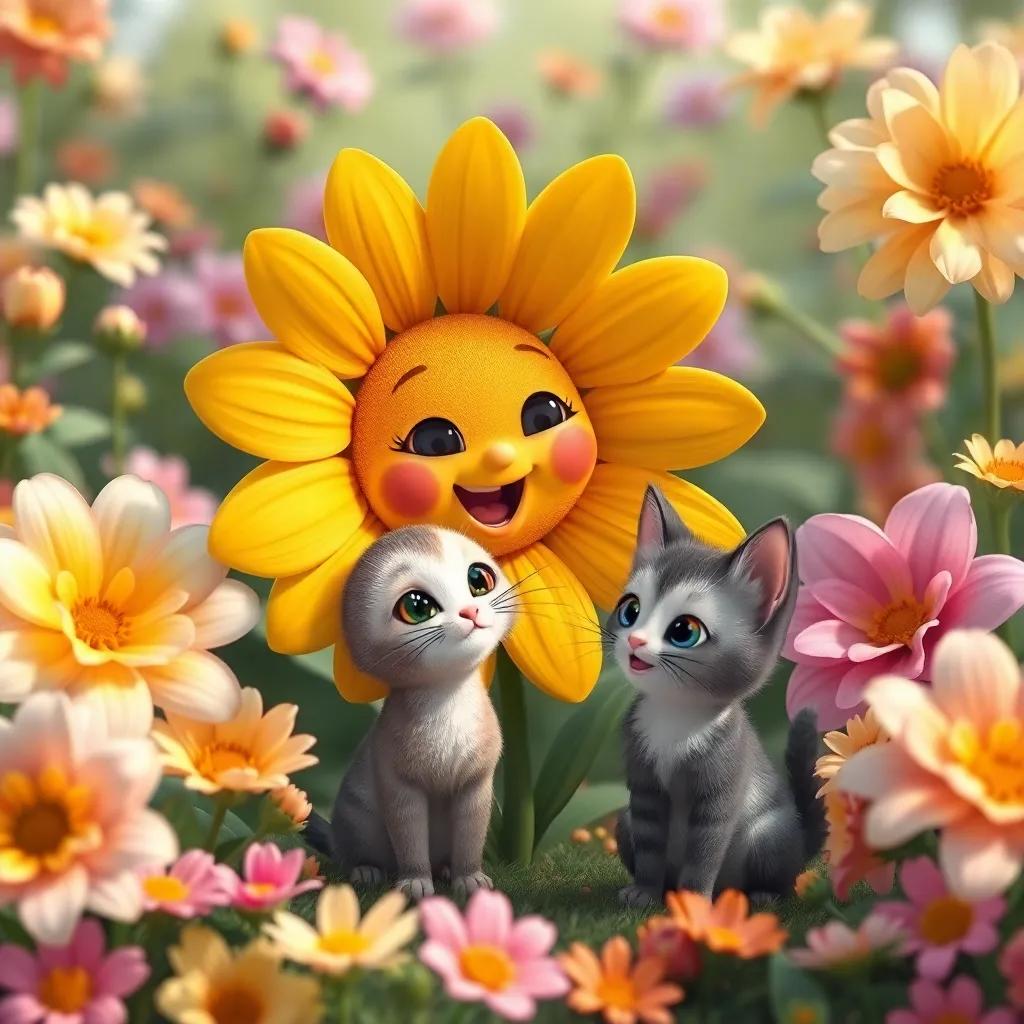 A large yellow flower speaking to Miau, the small cat, surrounded by blooming flowers in various colors, friendly expressions, cheerful and lively, detailed digital art
