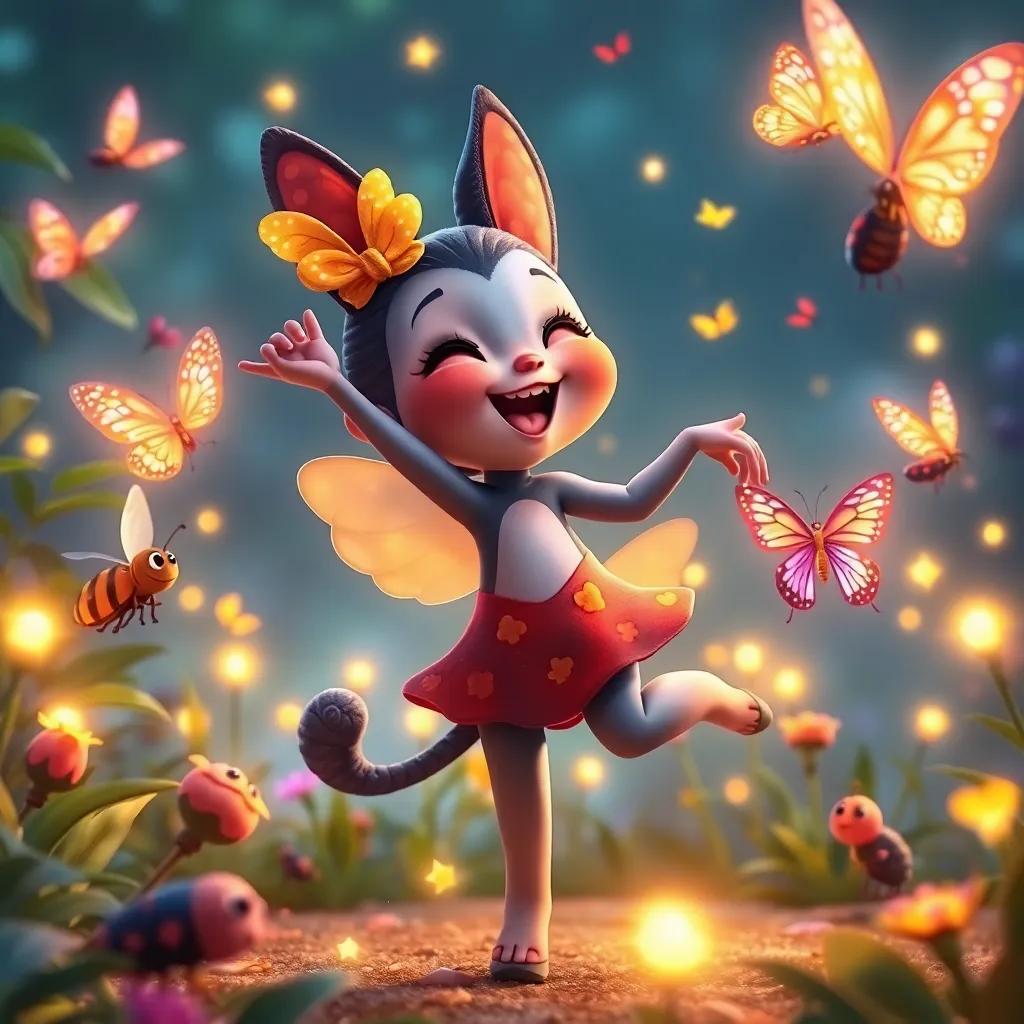 Miau dancing joyfully with insects, including butterflies with sparkling wings and fireflies lighting up the garden, festivity theme, colorful and enchanting, warm light