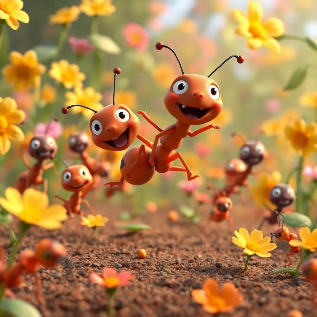 Playful ants in a race, while Miau jumps energetically among them, flowers cheering, vibrant colors, fun and lively atmosphere, heartwarming scene