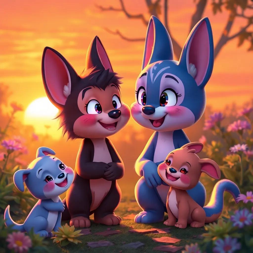 Miau saying goodbye to his new friends in the magical garden at sunset, warm hues, smiling faces, feelings of joy, digital painting, enchanting imagery
