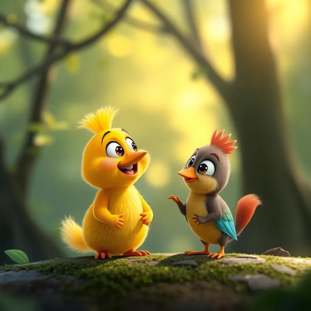 Pepito, el patito, con plumaje amarillo, hablando felizmente con una ardilla, Sofía, que es de color marrón y tiene ojos brillantes, en un claro del bosque, luz suave, colores naturales, alegre, amigable