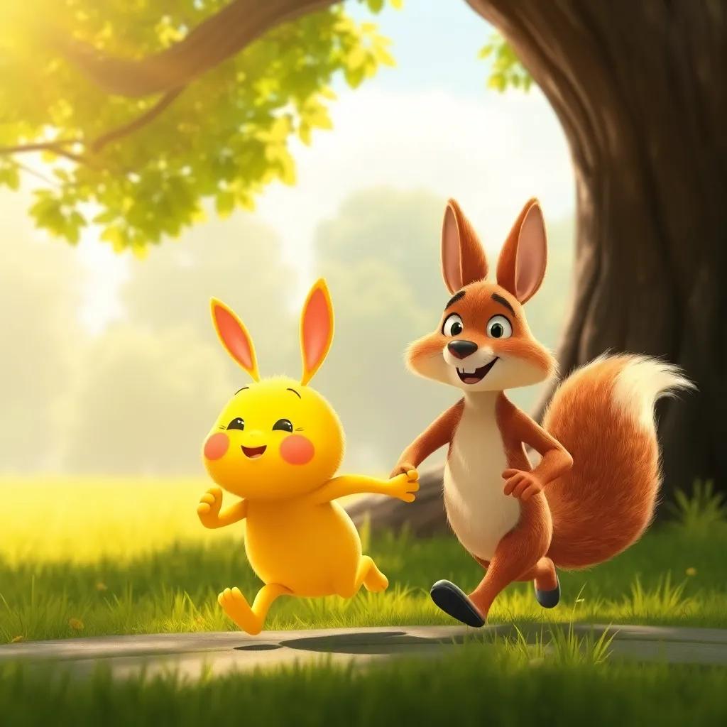Pepito, un patito amarillo brillando con el sol, corriendo con su nuevo amigo, Toby el conejo, con orejas largas y suaves, corriendo bajo un gran árbol, ilustración divertida, atmósfera amistosa
