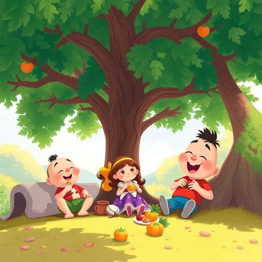 Pepito, Sofía y Toby descansando bajo la sombra de un árbol grande, comiendo nueces y zanahorias, felices y sonriendo, colores cálidos, vista alegre, ilustración encantadora