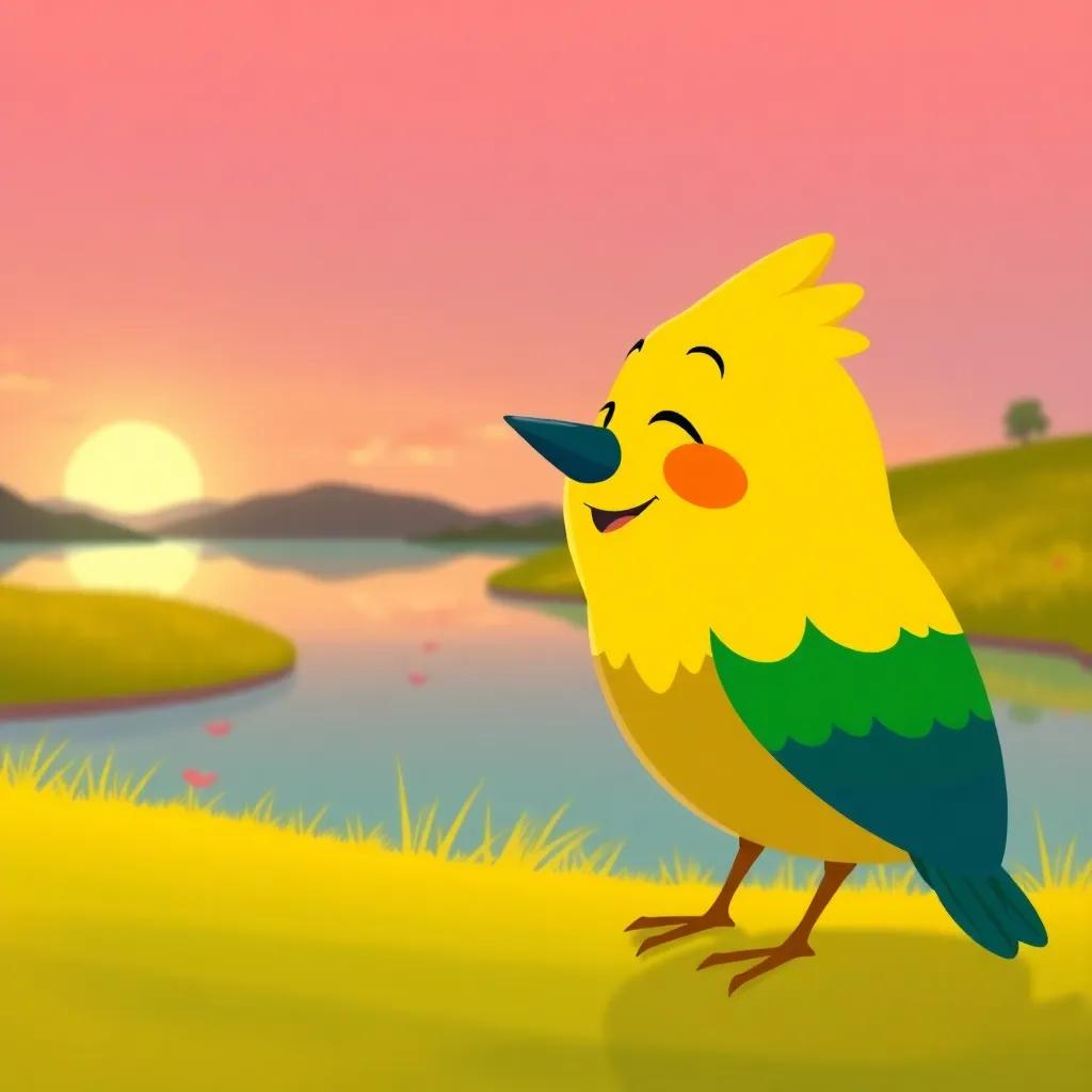 Pepito, con plumaje amarillo, mirando felizmente hacia el estanque mientras el sol se pone, sintiéndose contento y lleno de alegría, colores suaves, atmósfera serena, ilustración, momento especial
