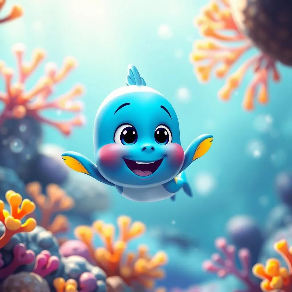 Un pequeño pez azul llamado Pipo, nadando felizmente entre coloridos corales y burbujas, en un océano brillante, digital art, vibrante, alegre