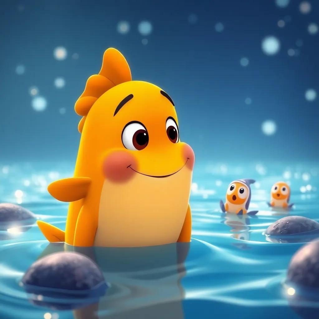 Pipo el pez, con cara de curiosidad, mirando a sus amigos, que lo animan a una aventura, en un mar lleno de luz, ilustración cálida, amigable