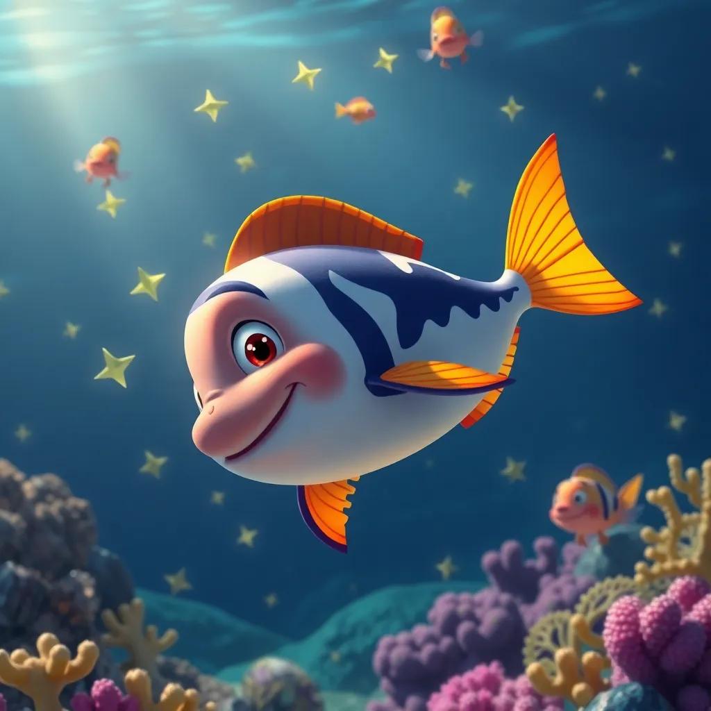 Pipo, nadando con valentía, rodeado de criaturas marinas, estrellas de mar y otros peces coloridos, en un océano soleado, arte digital, aventura