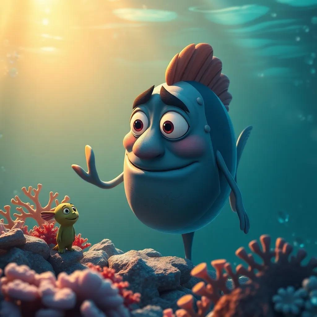 Un pez anciano, grande y sabio, hablando con Pipo, en un fondo marino iluminado, rodeado de corales, ilustración profunda, inspiradora