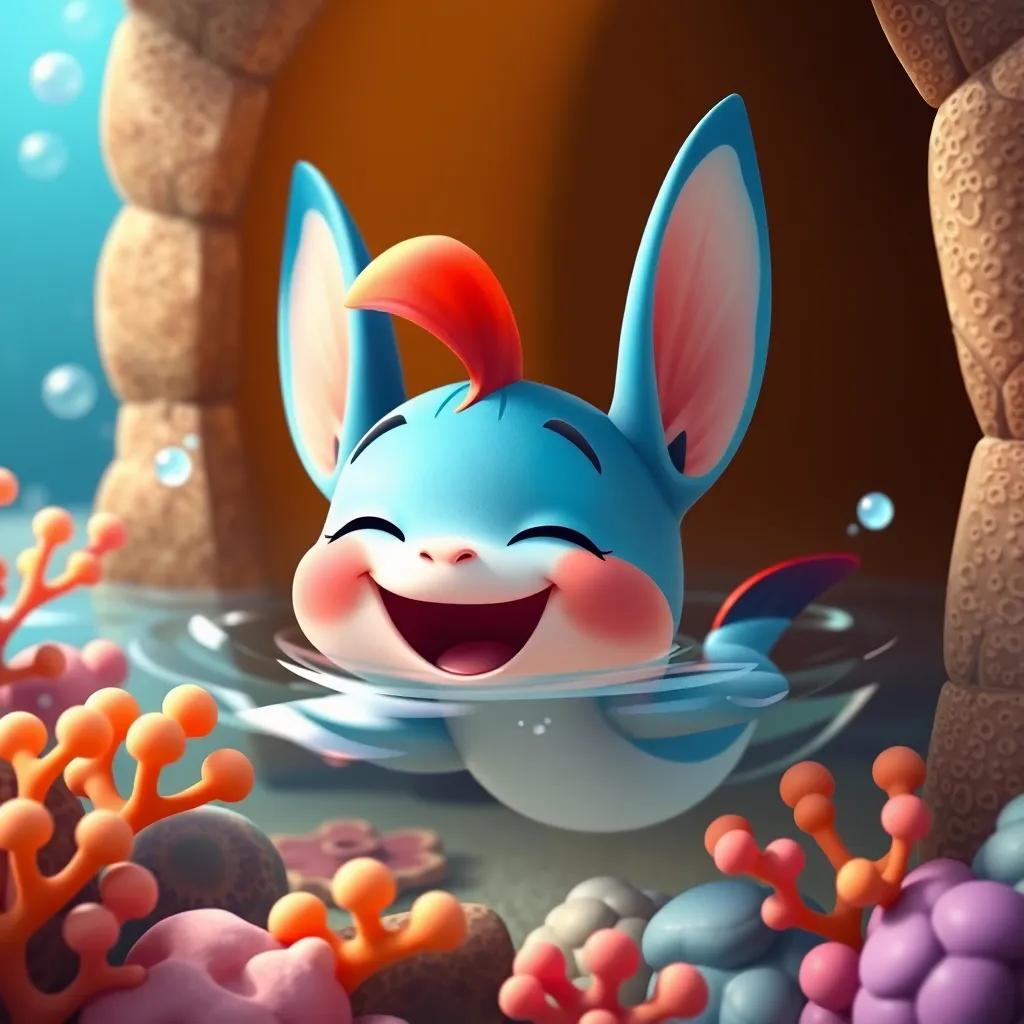 Pipo nadando felizmente en su hogar, rodeado de corales y burbujas, con una gran sonrisa, arte digital, cálido y seguro