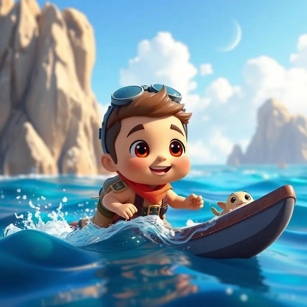 Pipo, ahora un aventurero valiente, explorando nuevos lugares en el océano, acompañado de sus amigos, en un fondo vibrante, ilustración amigable