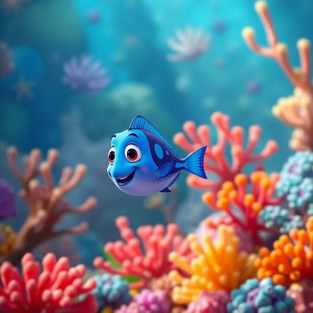 A small blue fish, Pequeño Azul, swimming happily among colorful corals in a vibrant ocean, digital art, bright colors, cheerful atmosphere, high quality